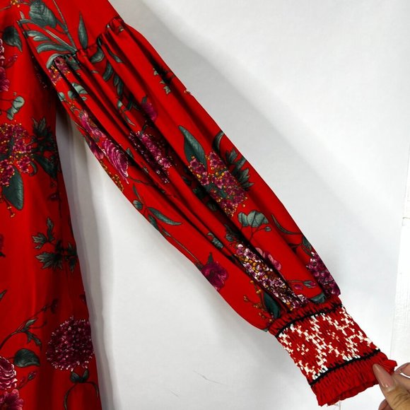 Flying Tomato Burnt Orange Floral Summer dress Size M Mock Neck Bubble Sleeve - Picture 4 of 6